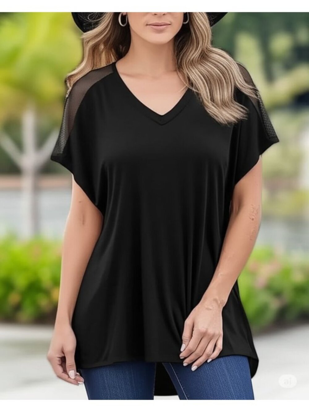 David Lerner Black V-Neck Mesh Shoulder Tunic Top Size XS Short Sleeve Stretch